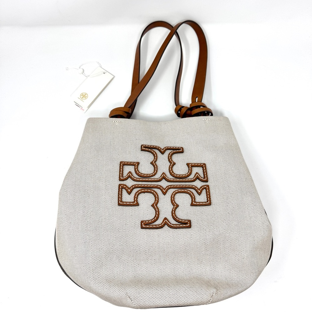 Authentic Tory Burch Small Canvas Round Tote Purse Natural / Classic - Picture 2 of 13